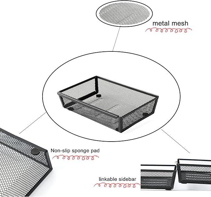 Mesh Tray Silverware Drawer Organizer, Utensil Cutlery Tray Office Supplies with Interlocking Arm Drawer Dividers Organizer for Flatware, Knives,Home,Office, School,Bedroom 9X6"Black