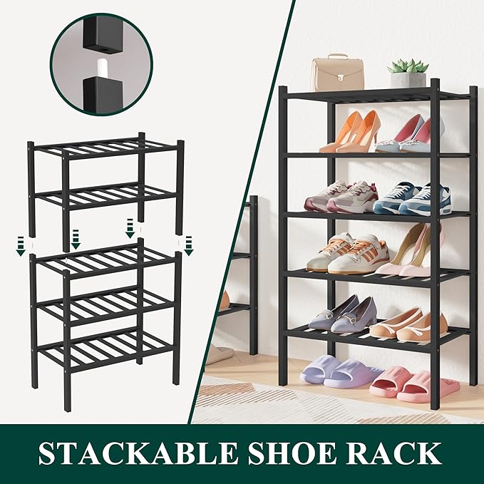 Smiry Bamboo Shoe Rack for Closet, 5 Tier Long Wooden Shoe Organizer, Stackable Wood Shoe Storage Shelf for Entryway, 14 Vertical Slats, 2+3 Stack Heavy-Duty Legs, 33.86"x11.02"x31.3", Black