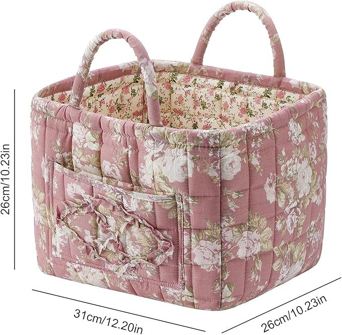 Fabric Baskets for Storage - Quilted Boho Floral Basket with Handles, Foldable Organizer for Home, Office, Clothes, Blankets, Books or Toys - 12'' x 10'' x 10''(Multi)