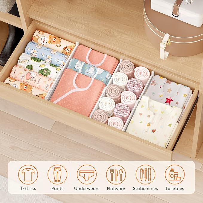 Lifewit 5 Pack Drawer Dividers for Clothes, 4" High 10.5"-16.5" Expandable Dresser Drawer Organizers, Adjustable White Plastic Separators for Kitchen, Cabinet, Nursery, Socks & Underwear Storage