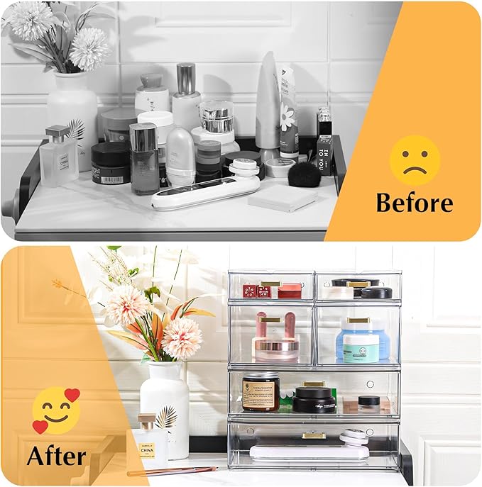 LALOBLUE Stackable Storage Drawers, 6 Pack Clear Acrylic Organizer Bins with Golden Handles, Multi-Size Plastic Drawers for Makeup, Vanity, Kitchen, Bathroom, Office, Pantry Organization and Storage