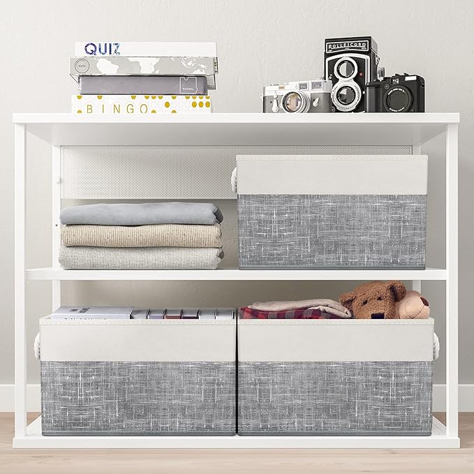 Fab totes Storage Bins 8-Pack, Foldable Storage Baskets for Organizing Toys, Books, Shelves, Closet, Large Storage Box with Rope Handles, Sturdy Organizer Bins, White & Grey