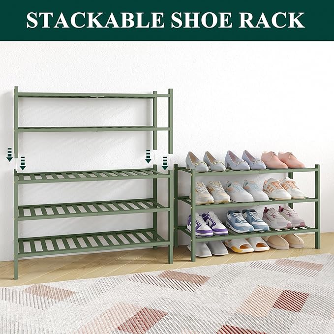 Smiry Bamboo Shoe Rack for Closet, 5 Tier Wooden Shoe Organizer, Stackable Wood Shoe Storage Shelf for Entryway, 14 Vertical Slats, 2+3 Stack Heavy-Duty Legs, 26.77"x11.02"x31.3", Green