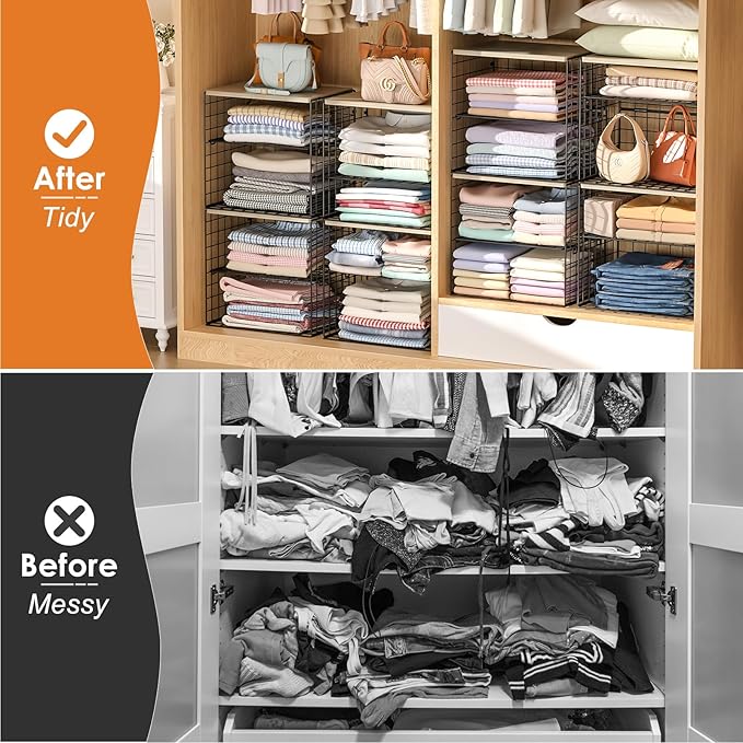 4-Tier Widened Closet Organizers and Storage, Extra Long Stackable Closet Shelf Organizer with Adjustable Dividers and Wood Top, Large Closet Storage Basket for Clothes, Jeans, Wardrobe Organization