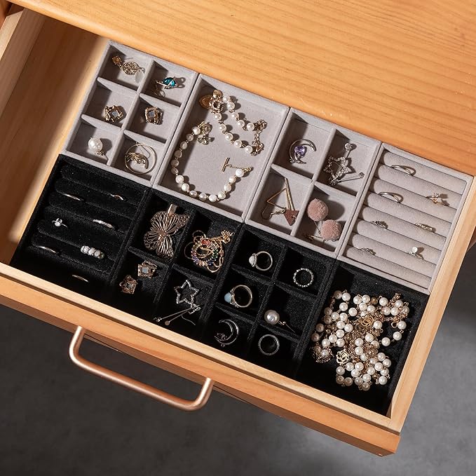 Frebeauty Small Jewelry Tray Set,Stackable Velvet Jewelry Organizer Tray,Mini Jewelry Drawer Organizer,Drawer Inserts,4.92 x 3.74 x 0.9 Inches,Earring Organizer for Women(Set 9,White)