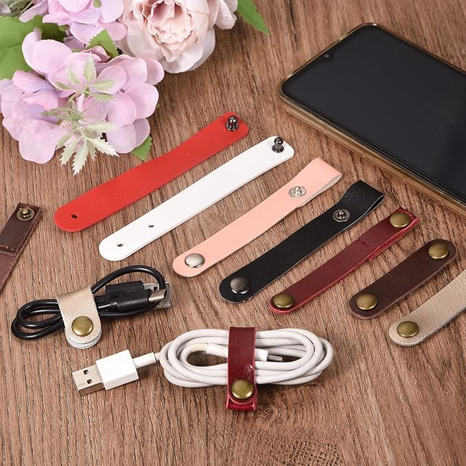 MECCANIXITY Pack of 10 Leather Cable Straps Cord Organizer 90x12mm Portable Cable Leather Clips Brown Earphone Cord Management for Cable, Wire