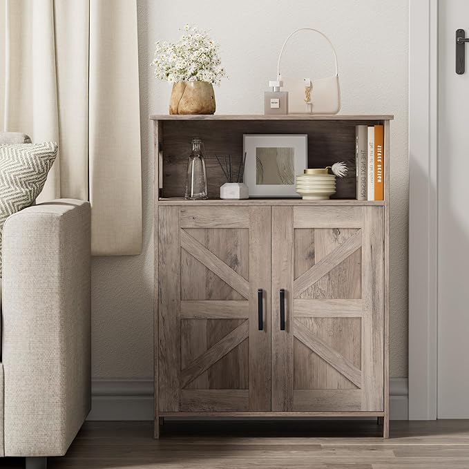 Homhedy Farmhouse Bathroom Storage Cabinet with 2 Doors, Toilet Paper Cabinet with Adjustable Shelf, Small Bathroom Cabinet for Kitchen/Laundry/Living Room, 11.8 x 23.6 x 31.5 Inches, Greige