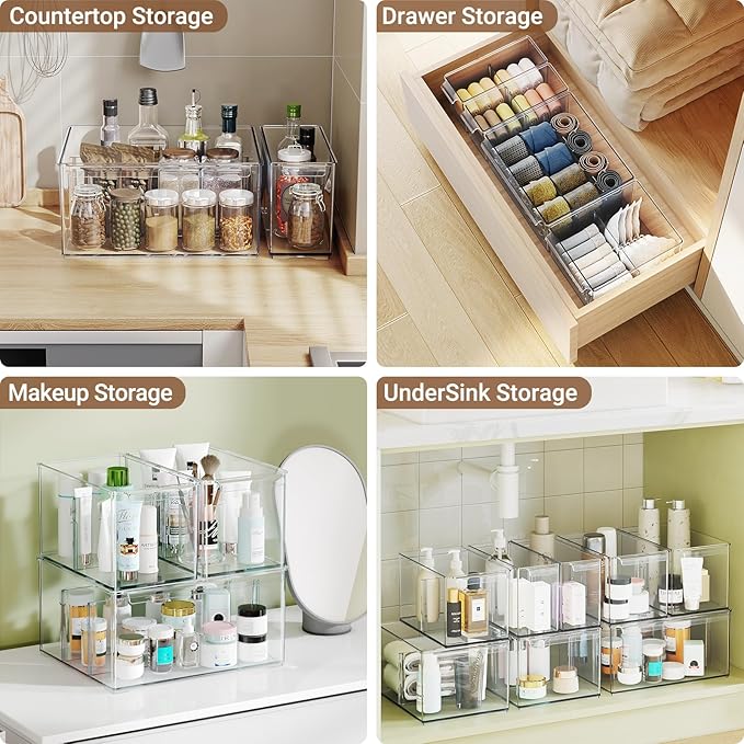 Clear Plastic Storage Bins with Dividers for Fridge Pantry Organizers and Storage Containers, 3 Pack Acrylic Stackable Sturdy Storage Boxes for Home Edit and Cabinet Organizers C6-1
