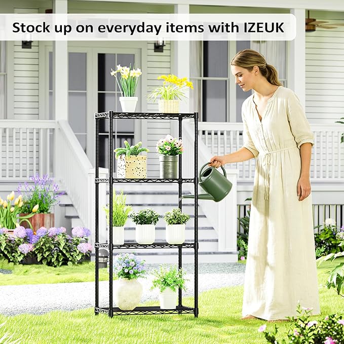 IZEUK | 4-Tier Metal Wire Storage Shelves | 13.7 x 23.6X 53.4 | Black | with Adjustable Racks | Steel Shelf |Holds Up to 1000 lbs |No-Tool Assembly | Ideal for Home & Garage Shelving