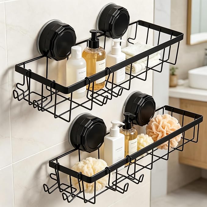 Shower Caddy Suction Cup Adhesive with Hooks, Heavy Duty Shower Shelves Storage Organizer for Bathroom, No Drilling Bathroom Shelf with Large Capacity, Black Metal Storage Basket