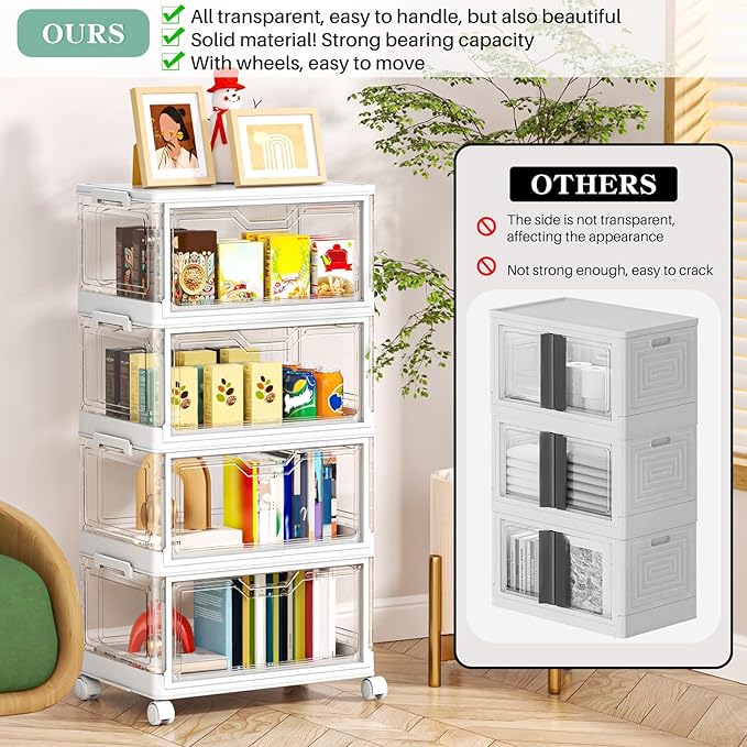 Clear Storage Bins with Lids, 4 Tier Plastic Bins with Wheels