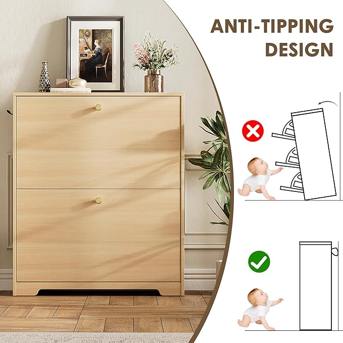 Nicetree Shoe Storage Cabinet with 2 Flip Drawers, Slim Shoe Cabinet, Hidden Shoe Rack Cabinet, Shoe Storage Cabinet for Entryway, Hallway, Foryer, Natural Oak