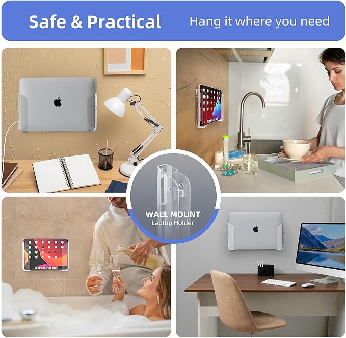 ELETIUO Clear Wall & Under Desk Laptop Mount Holder–Adhesive & Screw in,1.02"/ 26 mm,Anti-Scratch Pads,Universal for MacBooks,Surface,Keyboards,Tablets,Switch &More