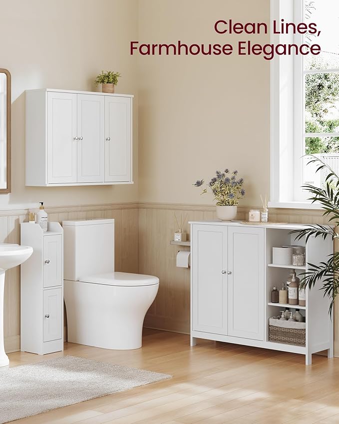 VASAGLE Siren Collection - Bathroom Wall Cabinet, Hanging Bathroom Storage Cabinet, for Medicines, Farmhouse, 4 Adjustable Shelves, 7.9 x 31.5 x 23.6 Inches, Cloud White UBBK350WB01S