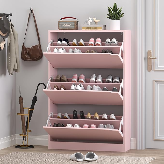 Shoe Cabinet with 3 Flip Drawers, Hidden Wood Shoe Cabinet, Pink