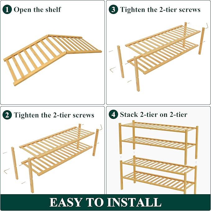 Smiry Bamboo Shoe Rack for Closet, 4 Tier Long Wooden Shoe Organizer, Stackable Wood Shoe Storage Shelf for Entryway, 14 Vertical Slats, 2+2 Stack Heavy-Duty Legs, 33.86"x11.02"x25.98", Natural