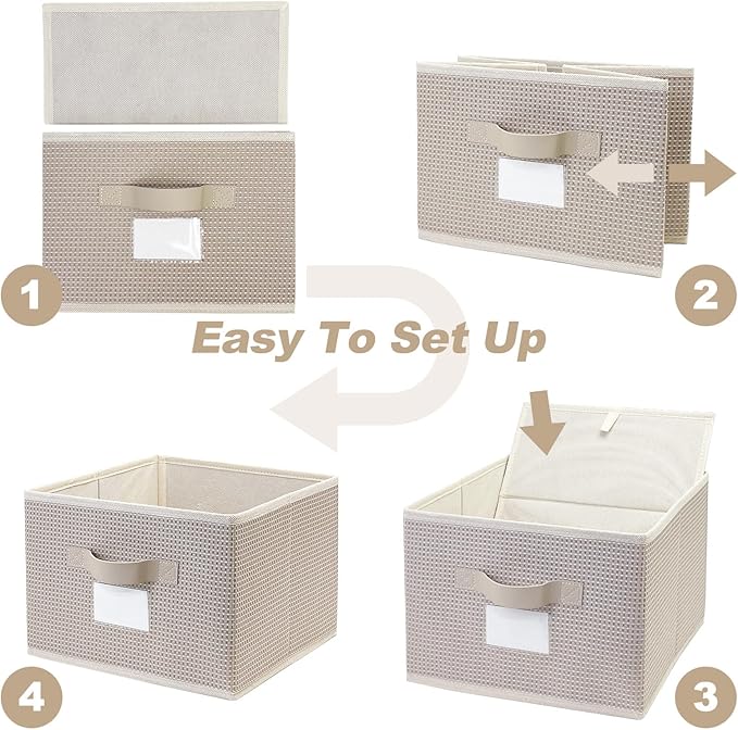 11 Inch Storage Cubes for Organizing, Sturdy Textured Fabric Storage Baskets with Leather Handles & Label Slot, Foldable Closet Shelf Organizer Bins for Clothes, Nursery & Bedroom (4, Beige)