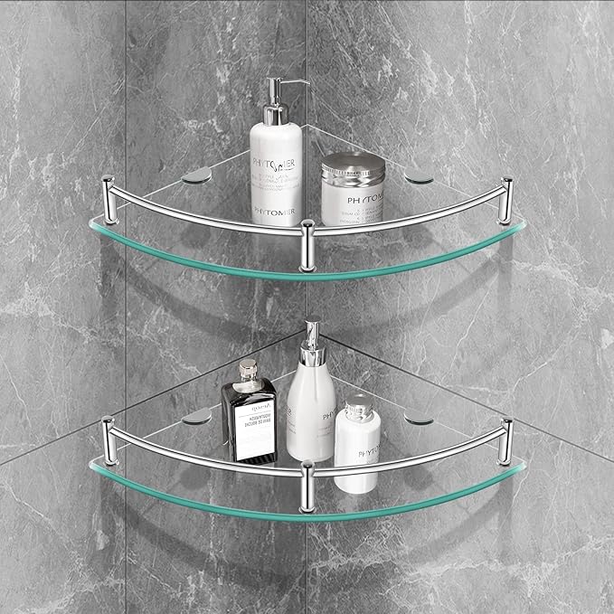 Glass Corner Shelves Tempered Bathroom Eestantes para Baños with Rail Wall Mounted Drill Hole for Corner Shower Shelf for Inside Shower 2 Pack(Sliver)
