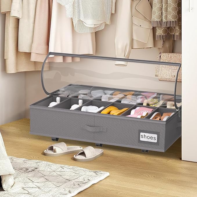 Under Bed Shoe Storage with Wheels, Fits 24 Pairs, Grey