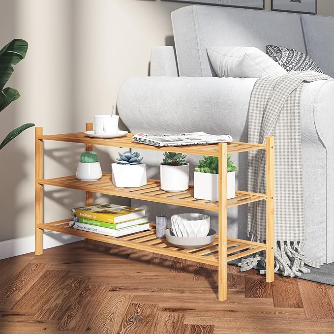 Long Shoe Rack, 3-Tier Bamboo Stackable Shoe Shelf Storage Organizer, Shoe Stand for Closet, Entryway and Hallway