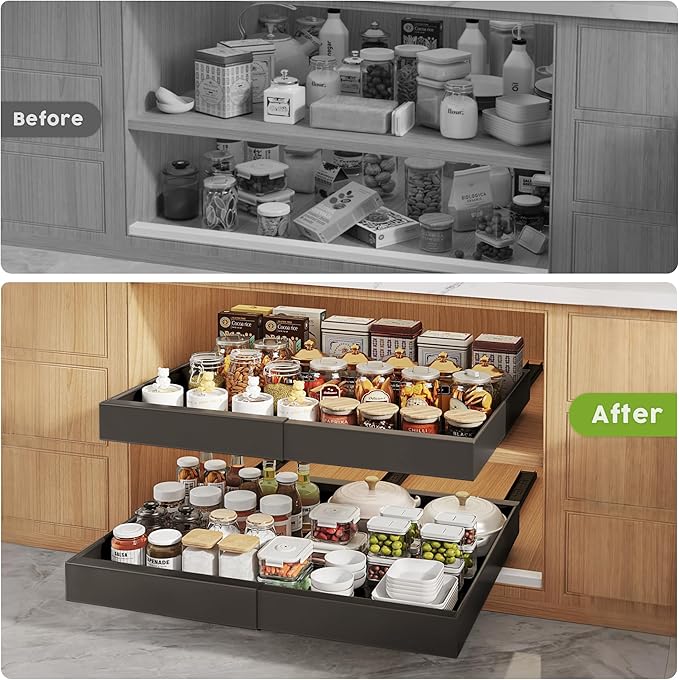 Seinloes 2 Pack Pull Out Cabinet Organizers 21"Deep with Raising Pad for Framed Cabinets,Expandable Slide Out Drawers Upgrade 3 Slide Rails,Roll Out Shelves Adhesive,Adjustable Width 12"-20.45" Black