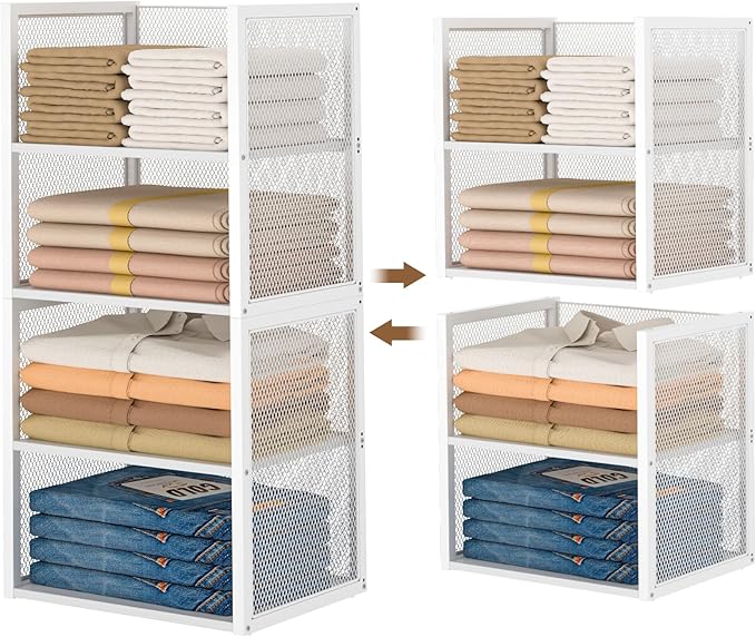 4-Tier Stackable Closet Organizers and Storage Basket, Wire Clothes Shelf Organizer Bins, Sweater Storage for Wardrobe Cupboard, Multifunctional Cube Storage Box for Kitchen Bath Laundry Room, White