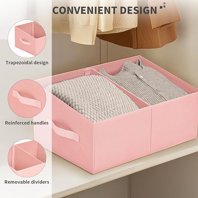 Large Closet Shelf Organizer Bins 4 Packs with Handles and Divider, Pink