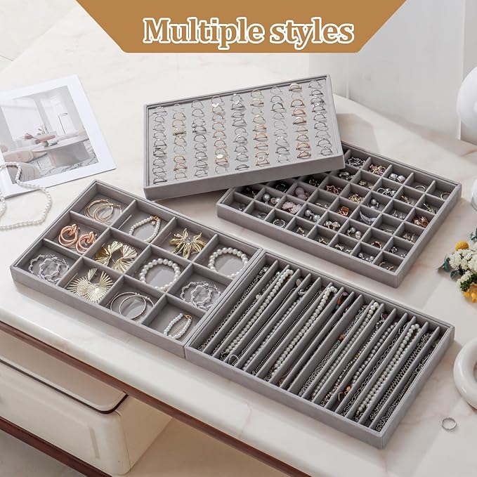 Large Velvet Jewelry Tray 2 Pack Stackable Jewelry Display Drawer Inserts Trays Organizer for Earring Bracelet Necklace Ring (Gray, 48 Grids)