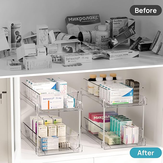 Vtopmart 6 Pack Bathroom Organizer, 2 Tier Clear Under Sink Organizers Vanity Countertop Storage Container,Cabinet Drawers Bins, Pull-Out Organization with Track for Pantry, Kitchen