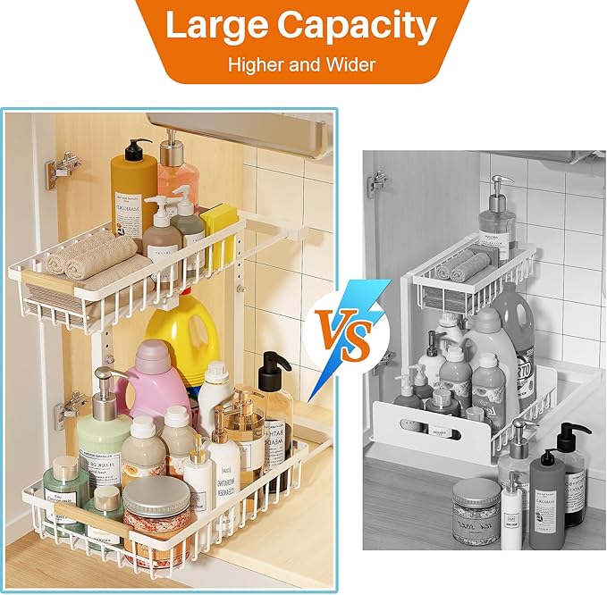 REALINN Under Sink Organizer, 2 Pack Height Adjustable Under Sink Organizers and Storage, 2 Tier Pull Out Drawer Cabinet Storage for Kitchen Bathroom, White