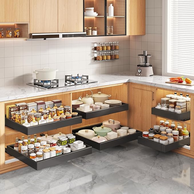 2 Pack Pull Out Cabinet Organizers 16.5" Deep With Raising Pad for Framed