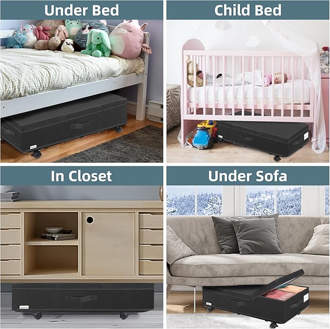Supowin Under Bed Storage with Wheels, Rolling Underbed Storage Containers with Lids, Under Bed Shoe Storage Bins Organizer with Reinforced Metal Bottom Support and Three Handles