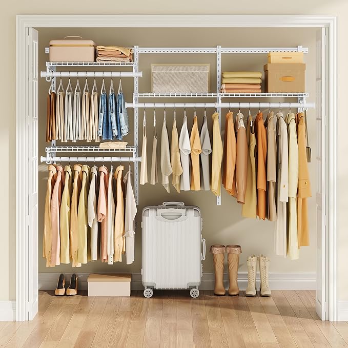 SONGMICS HOME Closet System, Closet Insert Organizer, 2-4 ft, Adjustable Metal Shelving Unit with 4 Hanging Rods, 4 Shelves, and Hooks, for Pantry Mudroom Garage Basement, Cloud White URGR031W01