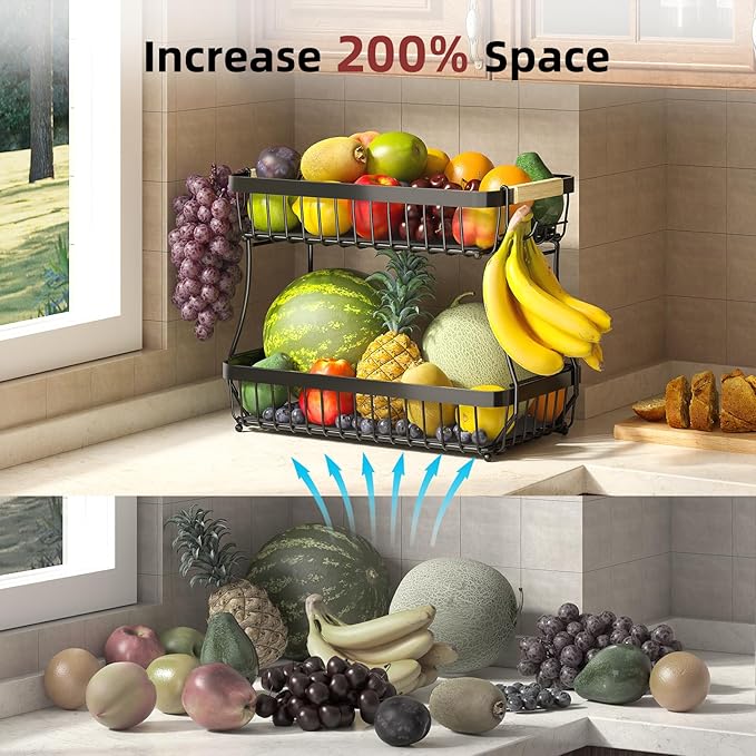 Sevenblue 2 Tier Large Fruit Basket for Kitchen Counter with 2 Mobile Banana Hangers, 2026 Pro Detachable Metal Fruit Bowl with Wooden Handle (Black, 2 Tier Extra Large)