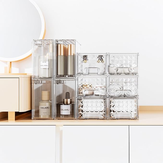 Delamu 2 Pack Stackable Storage Drawers, Makeup Skincare Holder Vanity Storage Organizer, Plastic Drawers For Vanity Desk, Undersink, Kitchen Cabinet, Pantry, Clear, Ideal Gifts for Women