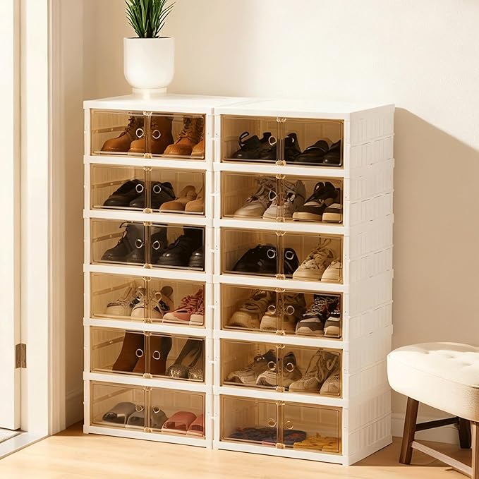 Foldable Shoe Rack Organizer Collapsible Shoe Storage Organizer with Doors, Large Plastic Folding Shoe Rack, Clear Shoe Storage Boxes Easy Assembly Shoe Cabinet for Entryway (2 x 6 Tiers-12 Pairs)