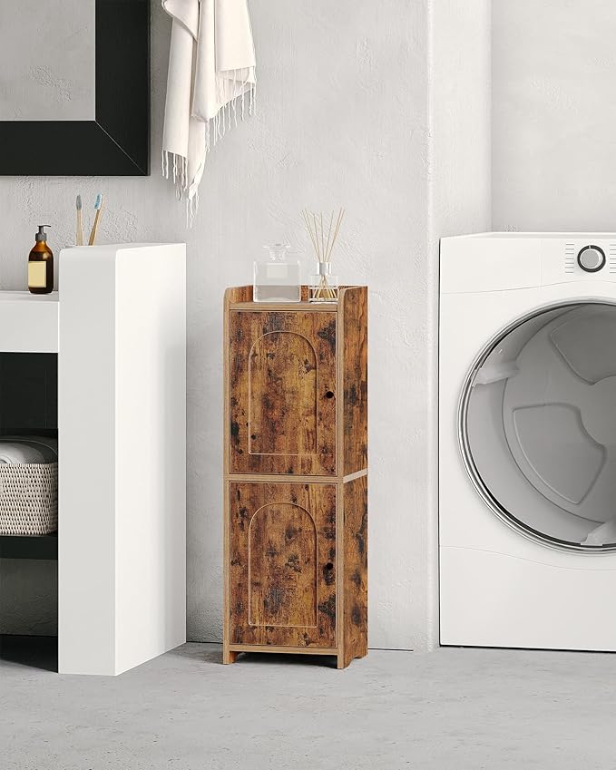 Hzuaneri Bathroom Storage Cabinet, Small Corner Floor Cabinet with 2 Doors and Adjustable Shelf, Narrow Toilet Paper Cabinets, Bathroom Organizer for Small Spaces, 7.9"D x 9.8"W x 29.5"H Rustic Brown