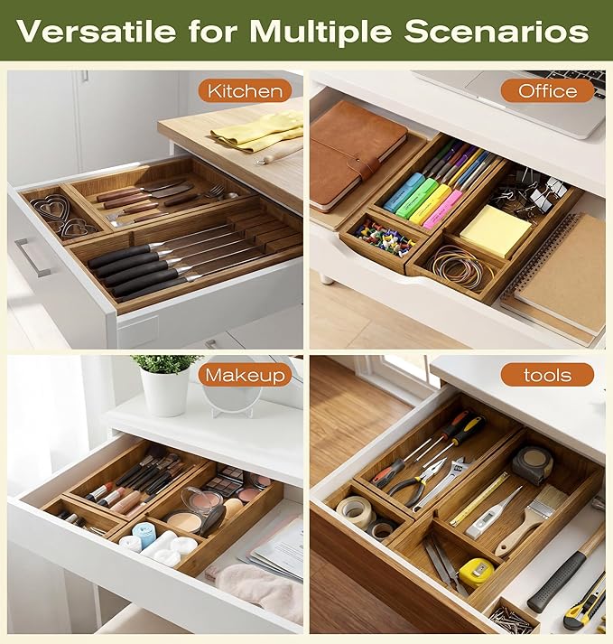 KOCWELL Bamboo Drawer Organizer with Knife Block, 3 Removable Silverware Drawer Organizer Bins - Multi-Use for Kitchen Utensils, Office, Makeup, Tools Storage