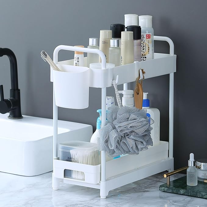 2 Pack Double-Layer Under Sink Organizer for Efficiently Utilizing Space, White