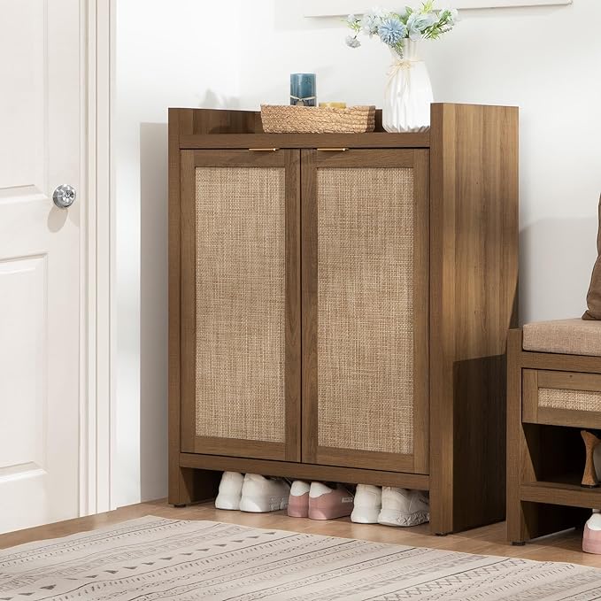 SICOTAS Shoe Cabinet Set of 3, Large Capacity Shoe Storage Organizer Cabinet, Tall Rattan Shoe Cabinet with Doors and Shelves, 6-Tier Farmhouse Boho Wooden Storage Cabinet for Entryway Hallway