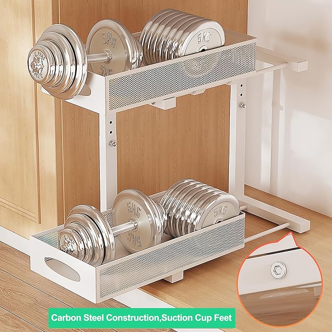 1 Pack Under Sink Pull Out Organizer, 2-Tier Adjustable Height Carbon Steel Storage Rack for Kitchen and Bathroom Cabinet, White
