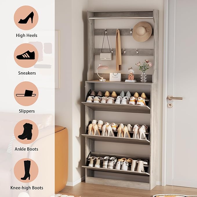 Shoe Storage Cabinet, Wood Shoe Organizer for Entryway with 3 Flip Drawers, Freestanding Shoe Rack with Adjustable Shelf, Narrow Shoe Dresser for Front Door Entrance(Grey, 78.74" x 31.5" x 9.37")