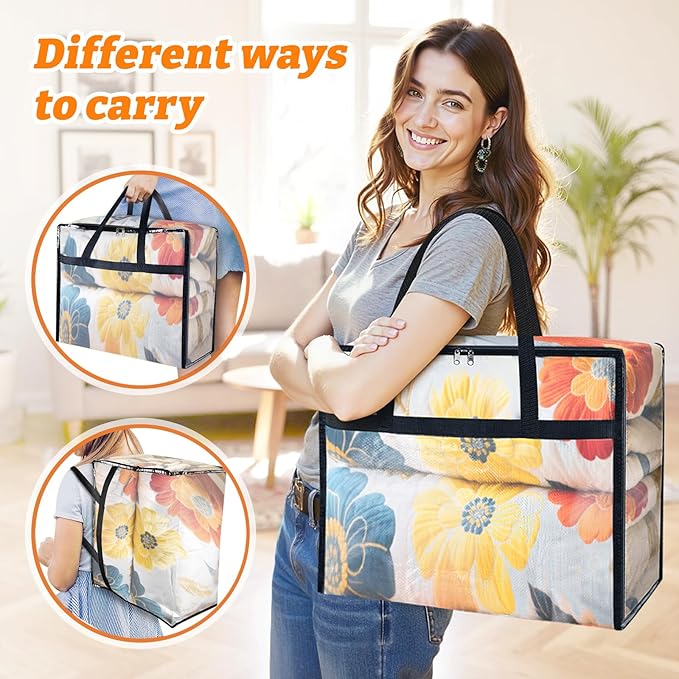 BlissTotes 4 Pack Clear Clothes Storage Bags, Moving Bags, Foldable Blanket Storage Under Bed Storage Containers with Sturdy Zipper and Handle for Clothing, Comforter, Bedding, Sheet (90L)