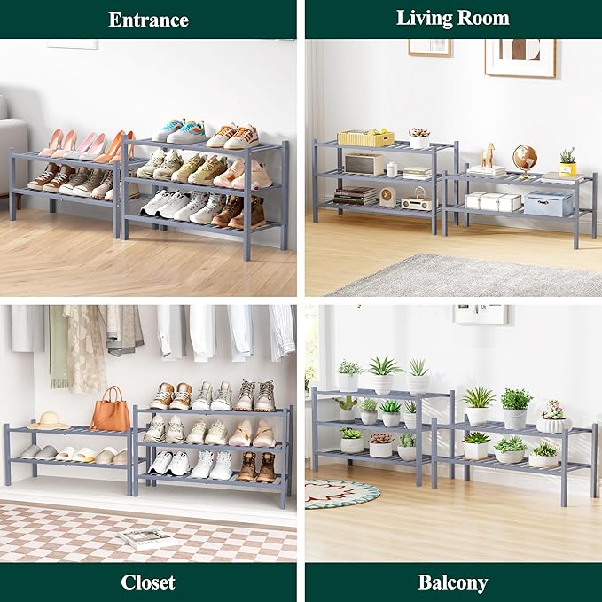 Smiry Bamboo Shoe Rack for Closet, 6 Tier Wooden Shoe Organizer, Stackable Wood Shoe Storage Shelf for Entryway, 14 Vertical Slats, 3+3 Stack Heavy-Duty Legs, 26.77"x11.02"x36.61", Grey