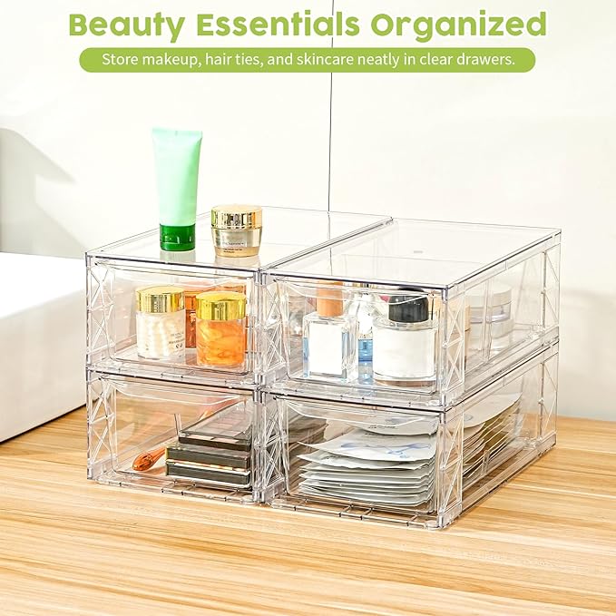 4 Pack Acrylic Storage Drawers, Clear Stackable Storage Drawers, Acrylic Organizers Drawers for Under Sink, Pantry, Bathroom, AcrylicStorage Containers for Makeup Organizers Cosmetic Display, Medium