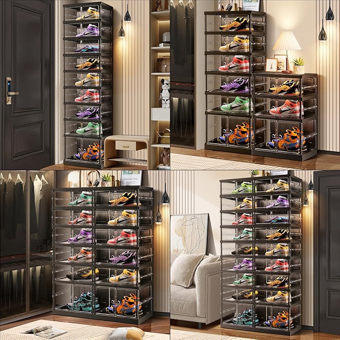 CIMLORD 3 Tier Foldable Shoe Rack for Closet Entryway 6-12 Pairs Stackable Clear Shoe Storage Boxes with Lids Shoes Shelf with Door Plastic Organizer Cabinet Easy Assembly Black