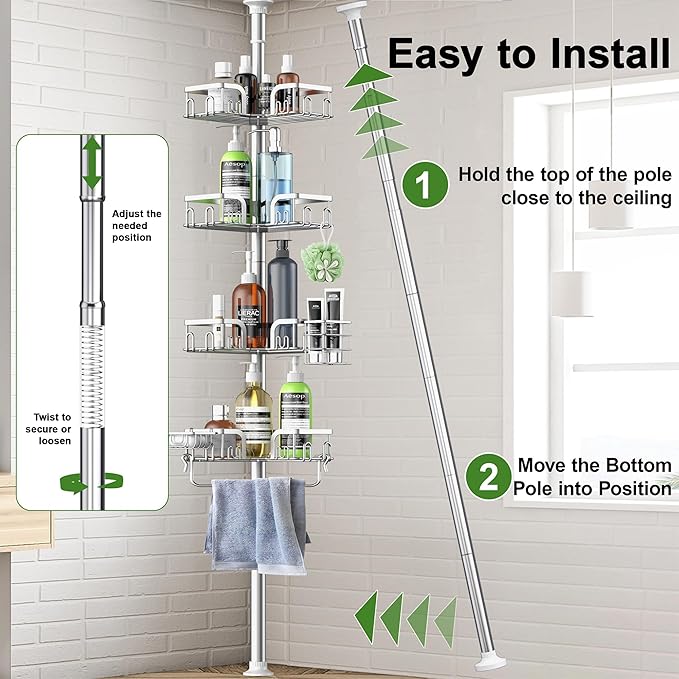 Corner Shower Caddy Tension Pole 4 Tier Adjustable Stainless Steel Shower Shelf for Inside Shower Bathtub Shampoo,Standing Bathroom Organizer Shelves with 39 to 113 inch Height