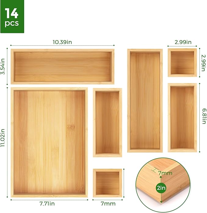 Bamboo Drawer Organizer Set, 14 PCS Multi-Use Individual Wood Storage Organizers