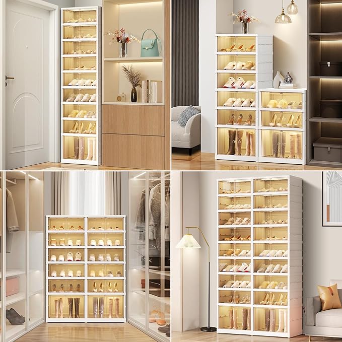 EHAMILY 6 Tier Foldable Shoe Rack Organizer for Closet 6-12Pairs Plastic Collapsible Shoe Racks Shelf Stackable Clear Folding Shoes Storage boxes for Small Spaces Narrow Shoe Storage Cabinet
