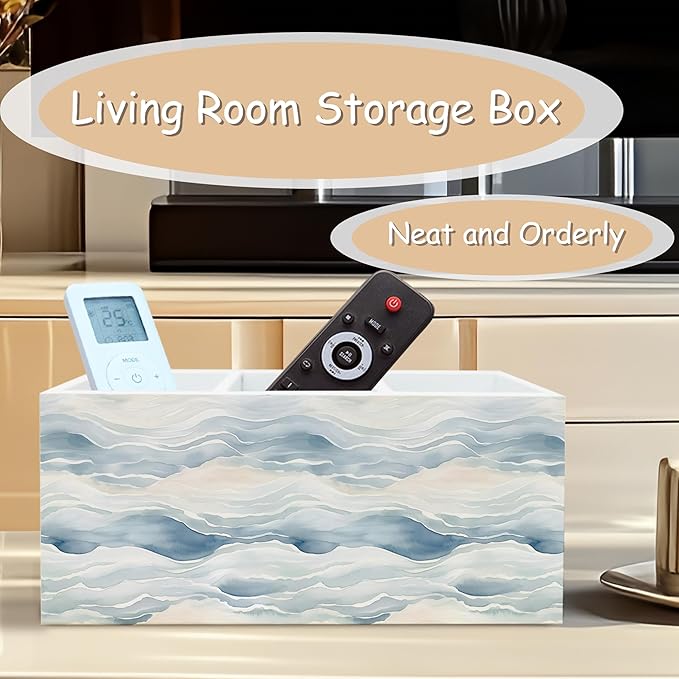 Ocean Waves Beach Pen Pencil Holder Organizer for Desk, Watercolor Coastal Beach Wooden Box Block Sign for Home Office Tabletop Decor